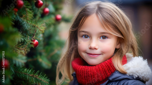 Young girl in red sweater standing next to a Christmas tree.