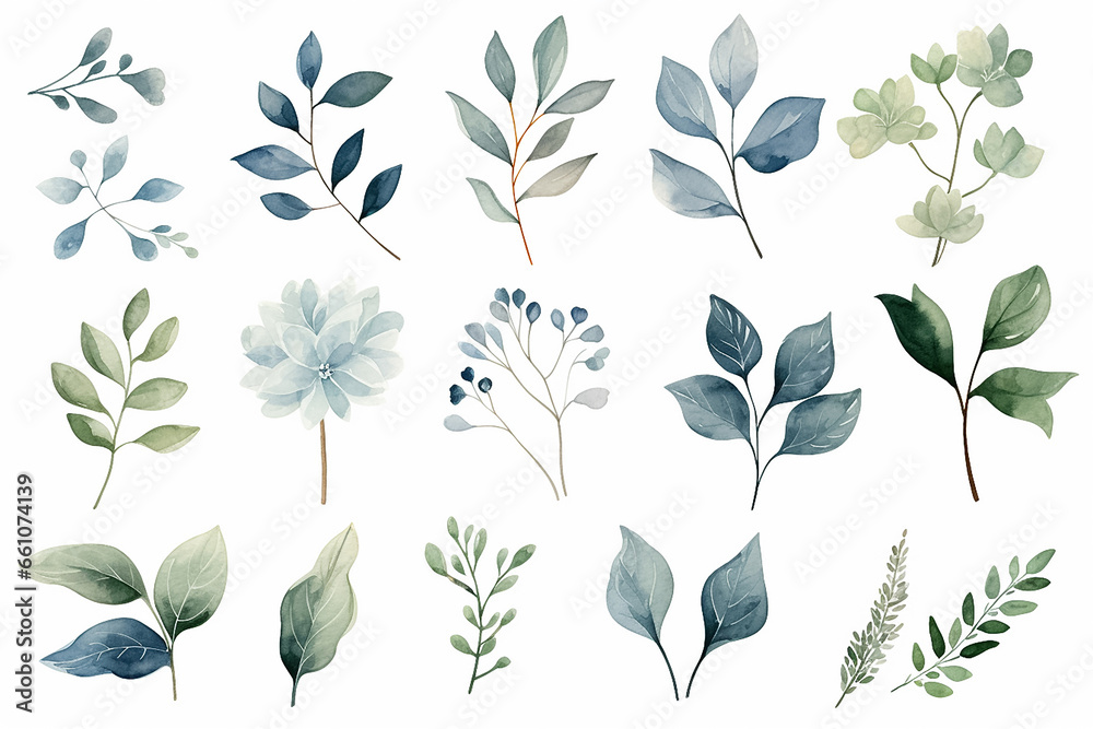 The digital watercolor illustration of various green, blue, and brown leaves with flowers plants patterns for decoration isolated on a white background, generated by AI.