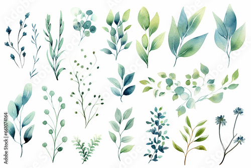 The digital watercolor illustration of various green, blue, and brown leaves with flowers plants patterns for decoration isolated on a white background, generated by AI.