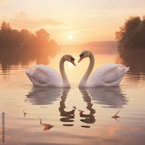 Pair of graceful swans on a serene lake at sunrise