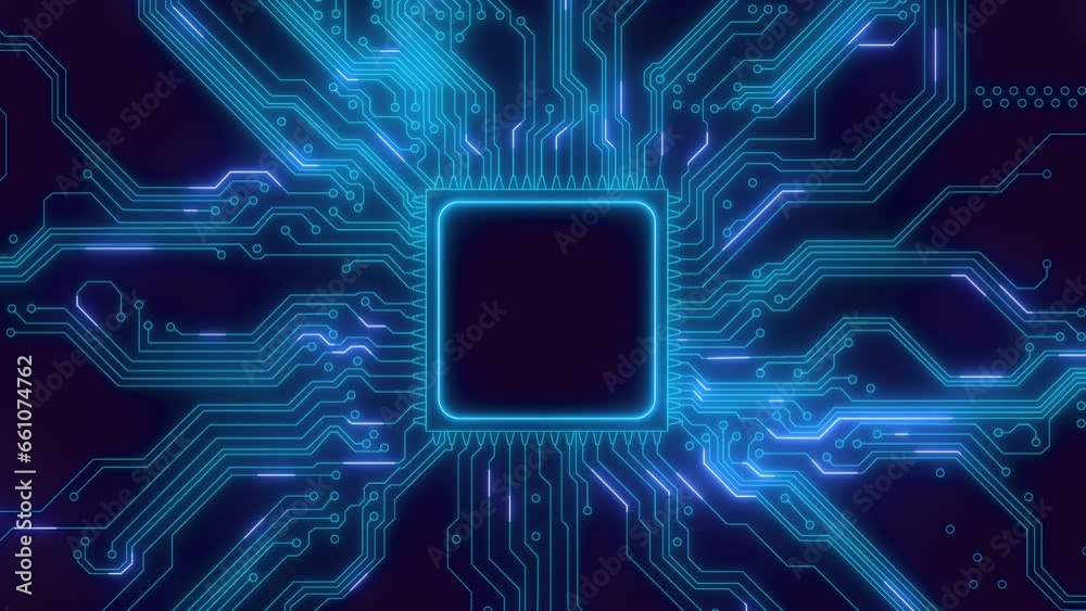 Abstract chip with PCB traces on a transparent background. Transmission of binary information through conductors. Looped seamless animation.