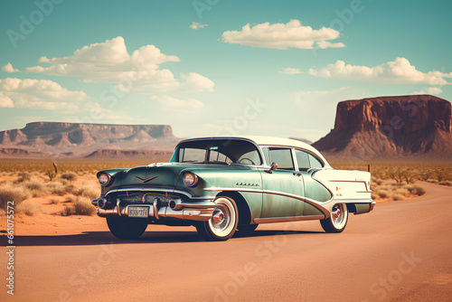 A vintage-style photograph of a classic car on Route 66, Generative AI © MONWARA