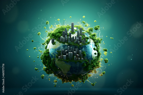 Abstract illustration of Environmental Technology & Sustainable Development Goals (SDGs). Green Earth symbolizes environmental preservation & sustainability efforts. photo
