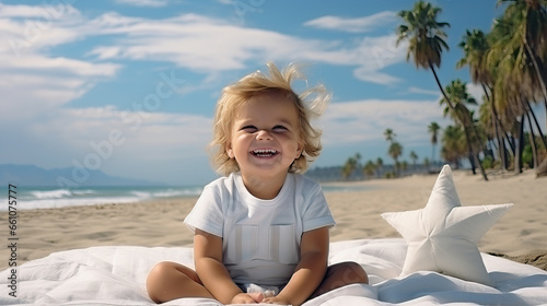 Happy Toddler on Tropical Beach with Palms, Blue Sea