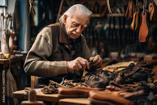 Elderly Shoemaker Crafting or Repairing Shoes in Workshop