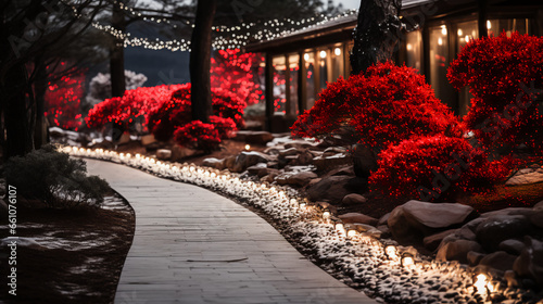 Mountain resort - spa - Christmas decorations - lights - lights - winter - low angle shot - cobblestone path - inspired by the scenery of western North Carolina  © Jeff