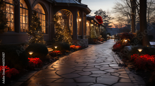 Mountain resort - spa - Christmas decorations - holiday - seasonal - sunset - golden hour - vacation - getaway - low angke shot - inspired by the scenery of western North Carolina  photo