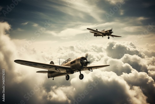 Two vintage warplanes in flight formation amidst the clouds. Generative AI