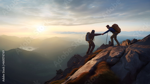 Hiker helping friend reach the mountain top.