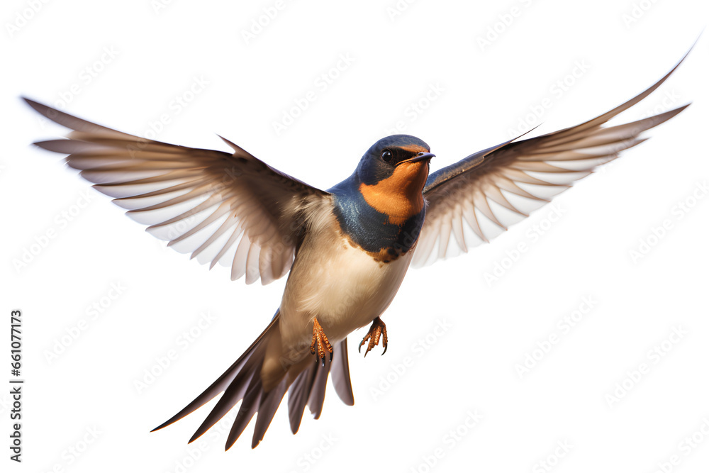 Naklejka premium Barn Swallow Flying wings spread, bird, Hirundo rustica, flying against a white Or Transparent background, Generative AI