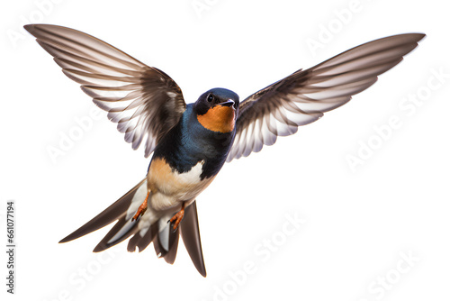 Barn Swallow Flying wings spread, bird, Hirundo rustica, flying against a white Or Transparent background, Generative AI © MONWARA