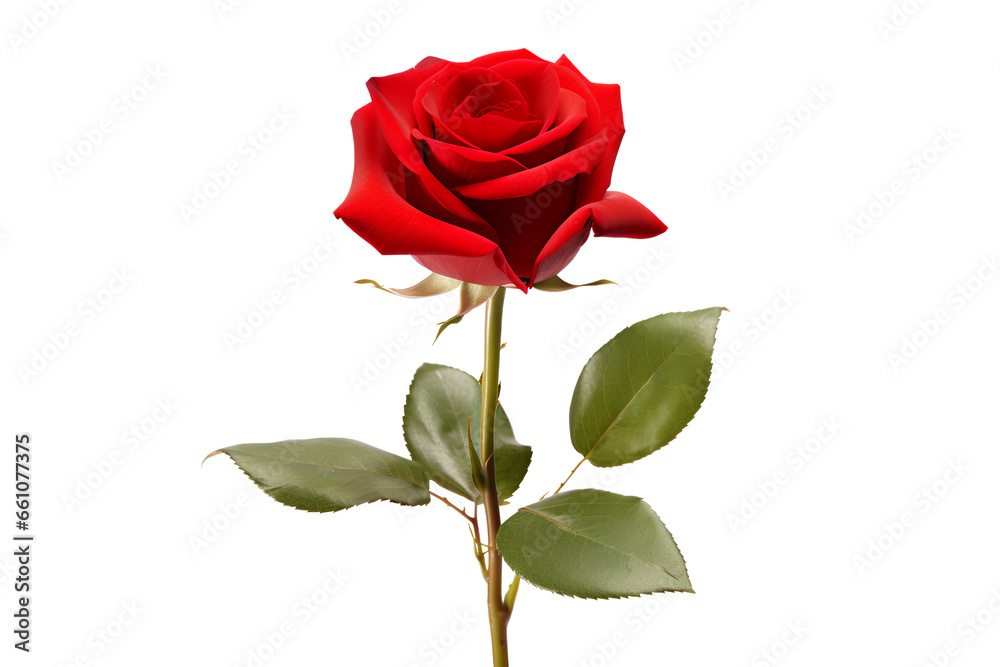 Naklejka premium Beautiful single red rose flower on a stem with leaves isolated on white background