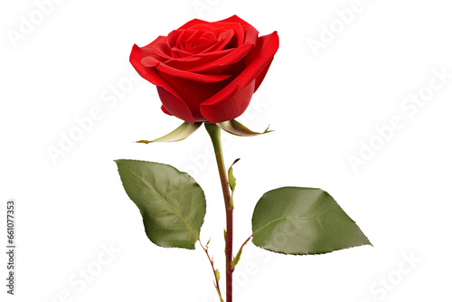 Beautiful single red rose flower on a stem with leaves isolated on white background