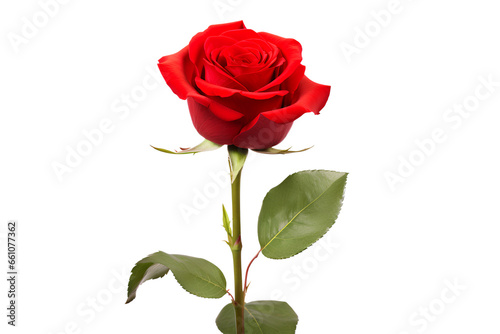 Beautiful single red rose flower on a stem with leaves isolated on white background