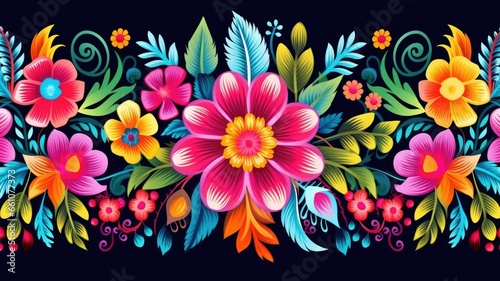 Mexican embroidery, flowers, floral ethnic pattern. Web banner with copy space photo