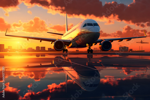 Capturing the golden hour's radiant glow, an airplane's reflection shimmers on the airport runway. Stunning AI-generated art.