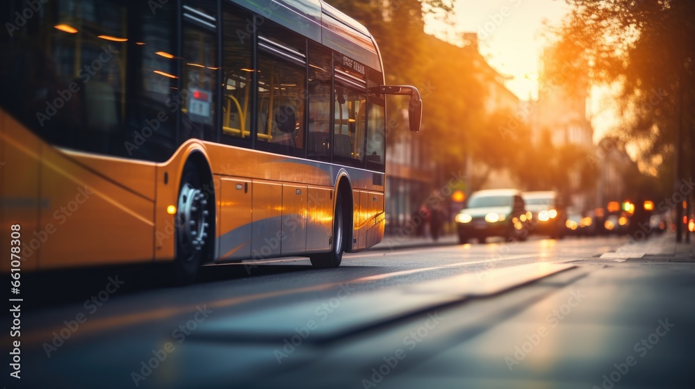 Close up city bus in motion on a city road highway on blurred buildings background