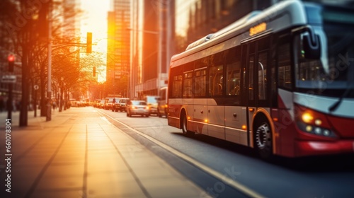 Close up city bus in motion on a city road highway on blurred buildings background
