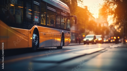 Close up city bus in motion on a city road highway on blurred buildings background photo
