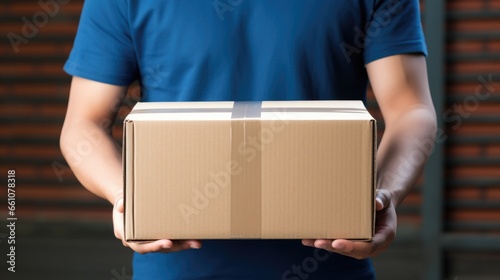 Courier male holding carton box. Home delivery concept with close up courier hand holding parcel