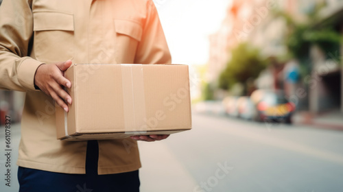 Courier male holding carton box. Home delivery concept with close up courier hand holding parcel © GulArt