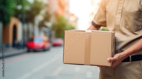 Courier male holding carton box. Home delivery concept with close up courier hand holding parcel