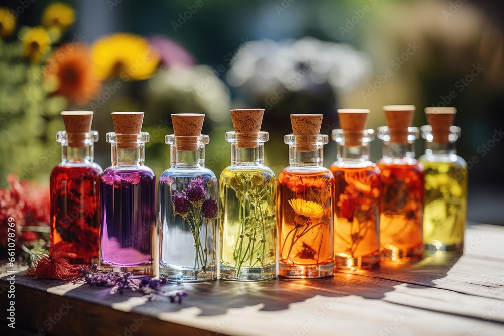 Essential Oils with Flowers in Colorful Bottles - Aromatherapy - AI Generated Essential Oils with Flowers in Colorful Bottles - Aromatherapy - AI Generated