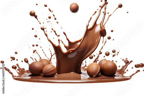 Chocolate spread splash with hazelnuts inside pouring liquid chocolate isolated on a white background, Generative AI photo