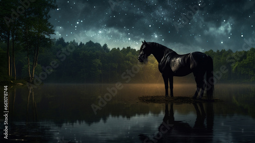 a regal horse, its obsidian coat adorned with intricate, celestial patterns, stands at the edge of a still, midnight-black lake