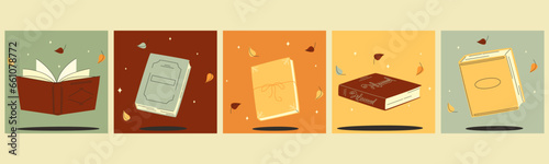 Book isolated with the stars and flying leaves. Five hand drawn vector illustrations. Word book day
