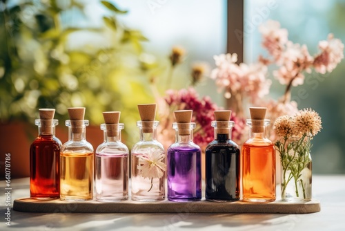 Essential Oils with Flowers in Colorful Bottles - Aromatherapy - AI Generated