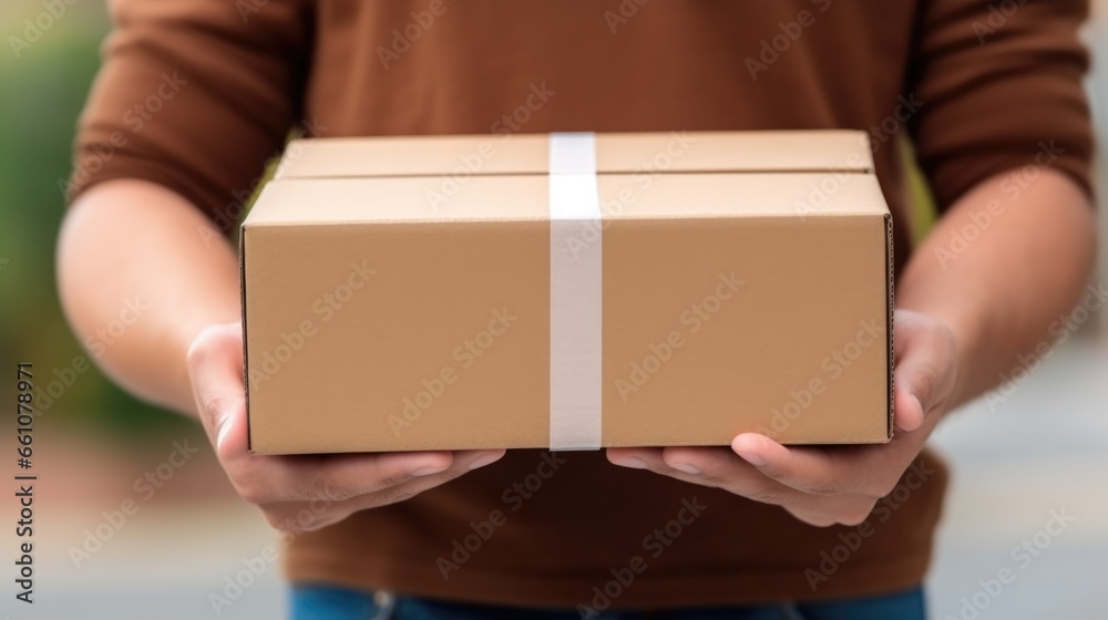 Courier male holding carton box. Home delivery concept with close up courier hand holding parcel Courier male holding carton box. Home delivery concept with close up courier hand holding parcel
