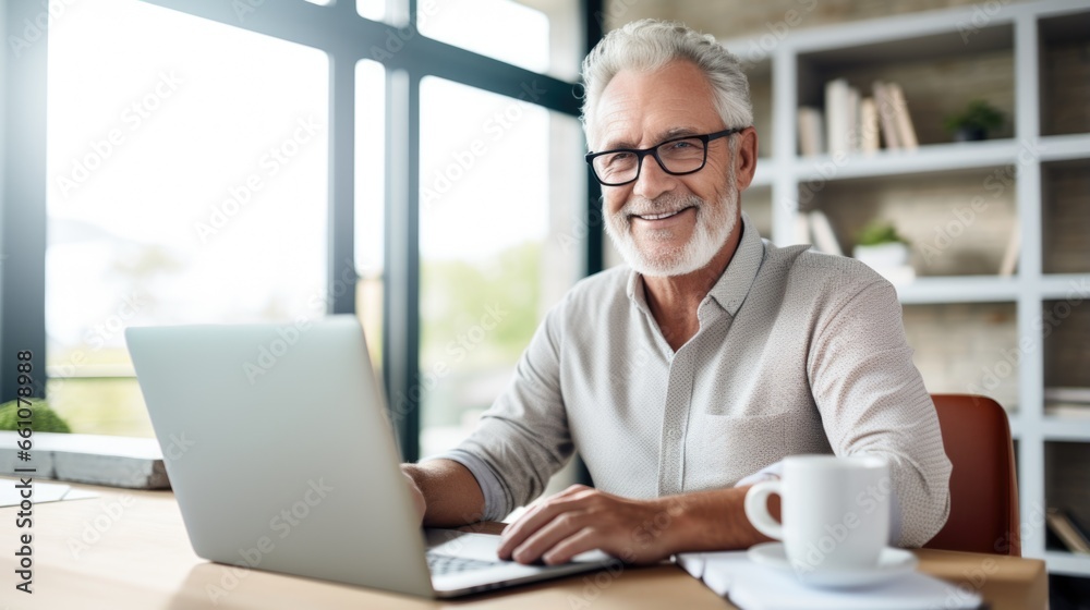 Portrait of a smiling aged businessman working remotely on a laptop at the home office Portrait of a smiling aged businessman working remotely on a laptop at the home office
