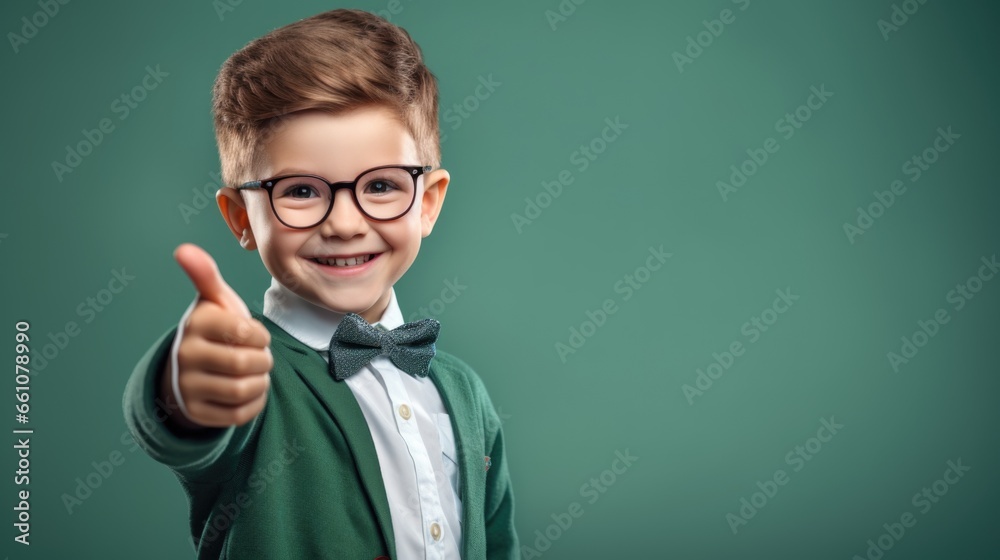 School boy in eyeglasses and uniform showing thumbs up sign on isolated green background with space for copy School boy in eyeglasses and uniform showing thumbs up sign on isolated green background with space for copy