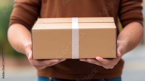 Courier male holding carton box. Home delivery concept with close up courier hand holding parcel