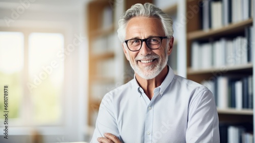 Portrait of aged business man in eyeglasses with grey hair at home office looking at a camera photo