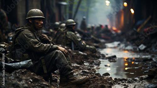 military soldier at war with gun in hand, infantry ground operation in mud and bad weather conditions. Dangerous job. Male infantryman. Concept: protection of the country and population.