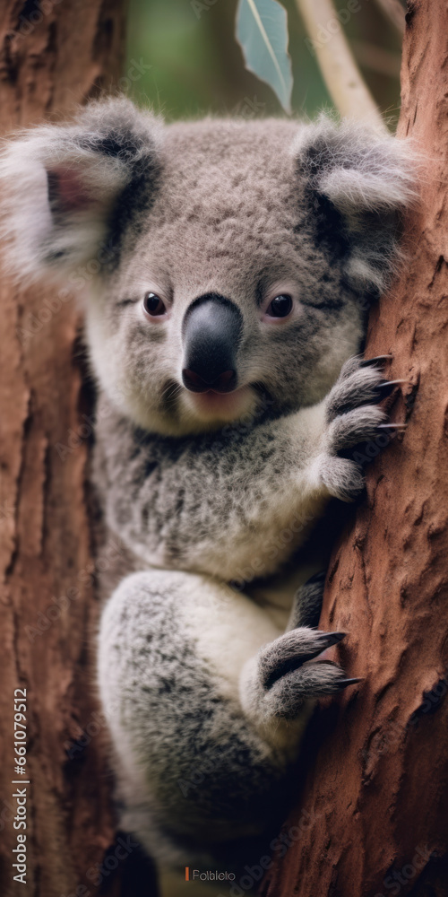 Koala clinging to the eucalyptus 
