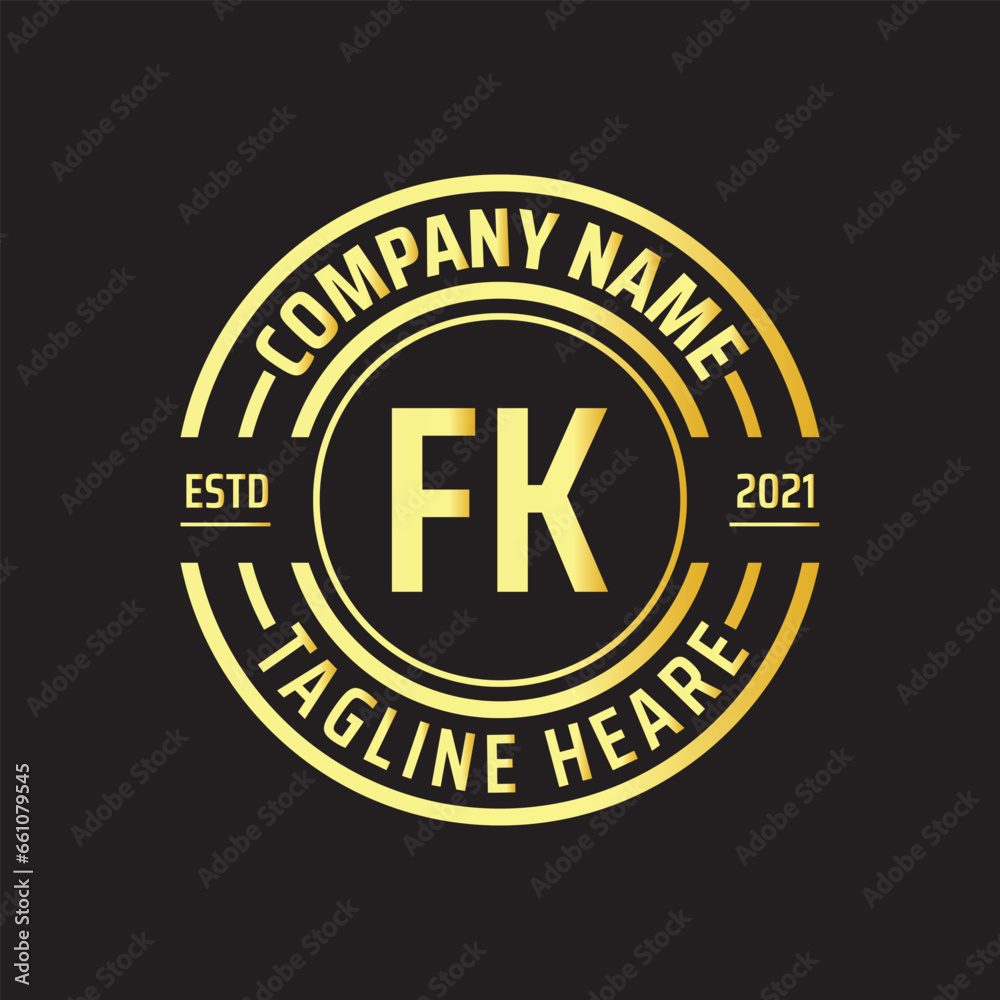 Professional simple Letter FK Circle Luxury Gold Color Vector Logo Template