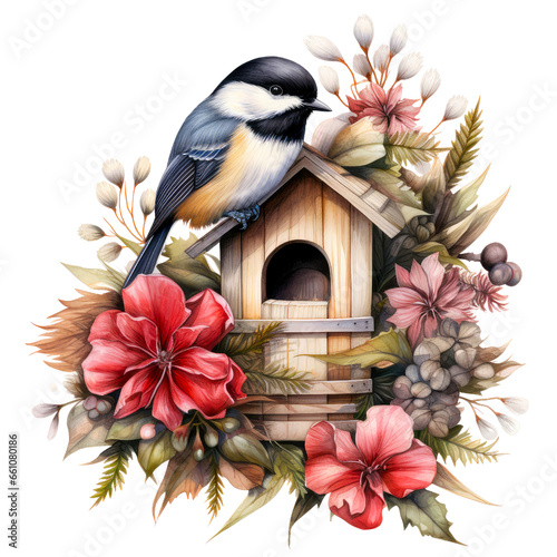  Chickadee Bird and Wooden Bird House with flower: Seasonal Illustration PNG