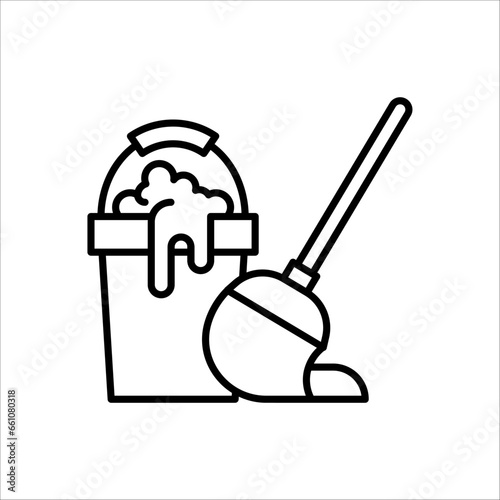 Cleaning, mop icon. Floor mop icons. Mop And Bucket symbol on white background