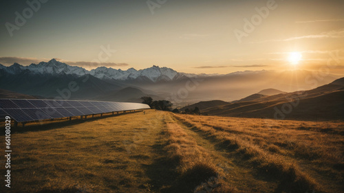 panoramic view of landscape with solar panels at sunset in the mountains, concept of sustainability and renewable energy
