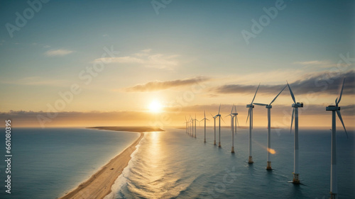 panoramic view of landscapes with renewable energies, wind turbines in the sea, concept of sustainability and renewable energy