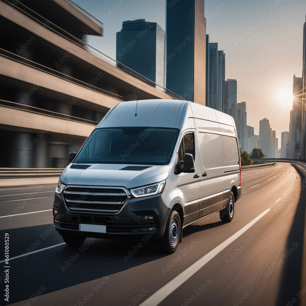 Delivery van on the highway, with urban background 