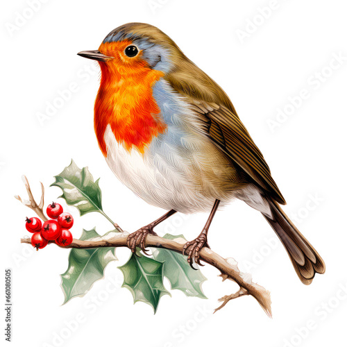 Winter Robin Bird on Tree Branch Watercolor Clipart © Thanit