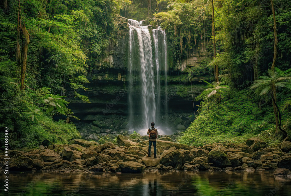 Fototapeta premium Scenic view of waterfall in Autum forest