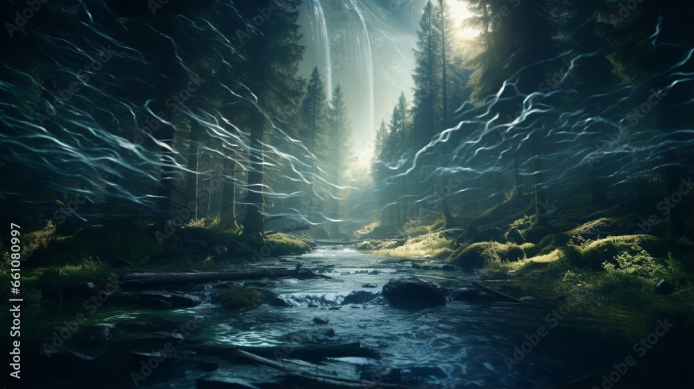 An imaginative double exposure composition that combines a dense, mystical forest with the flowing currents of a winding river, evoking a sense of mystery and exploration