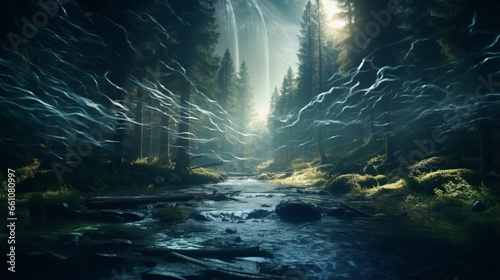 An imaginative double exposure composition that combines a dense  mystical forest with the flowing currents of a winding river  evoking a sense of mystery and exploration