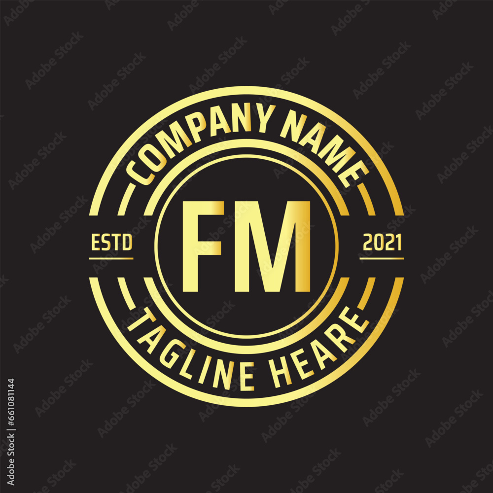 Professional simple Letter FM Circle Luxury Gold Color Vector Logo Template