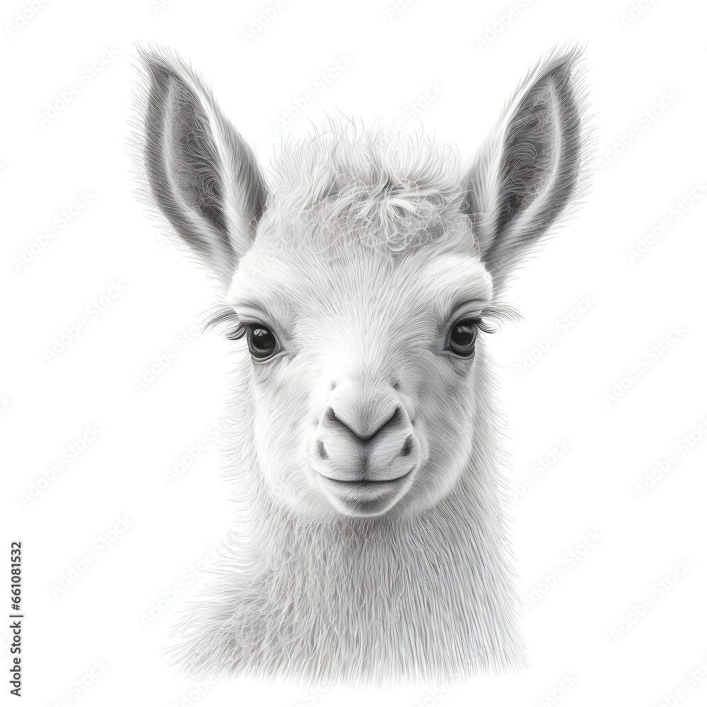 Cute Baby llama Face pencil drawing style isolated clear image clean ipromptmage white background 
